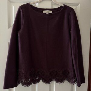 Loft Plum Colored Ribbed Lace Bottom Top - Size M
